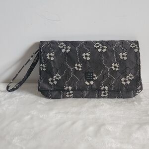 Lisa Lill Studio Gray Black White Floral Flower Wristlet Clutch Handbag